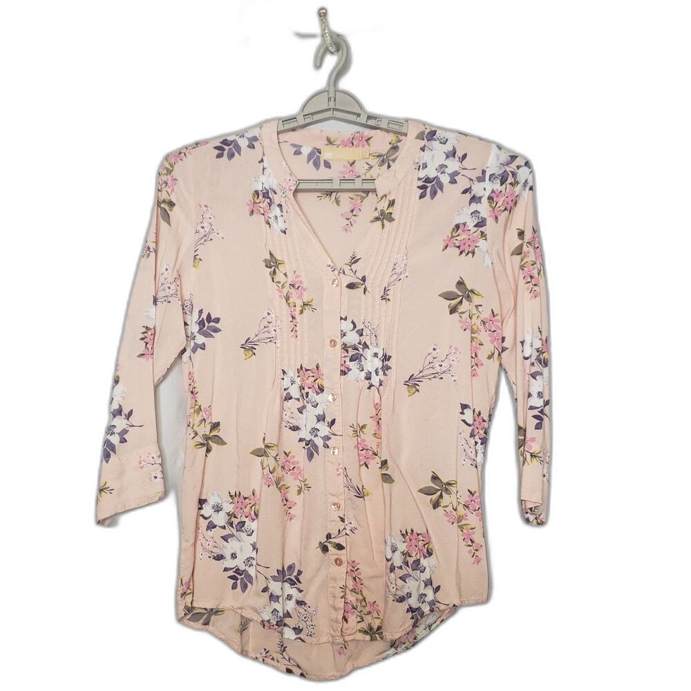 LA Cera 3/4 Sleeve Pleated Front Buttons Pink Floral Womens Size Medium